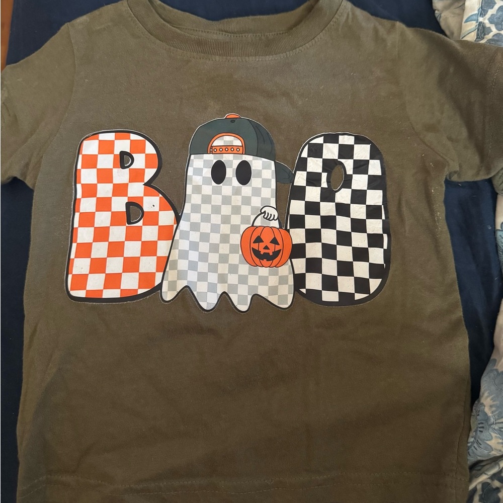 Kids Halloween Ghost 'BOO' Graphic Tee - Olive Green
